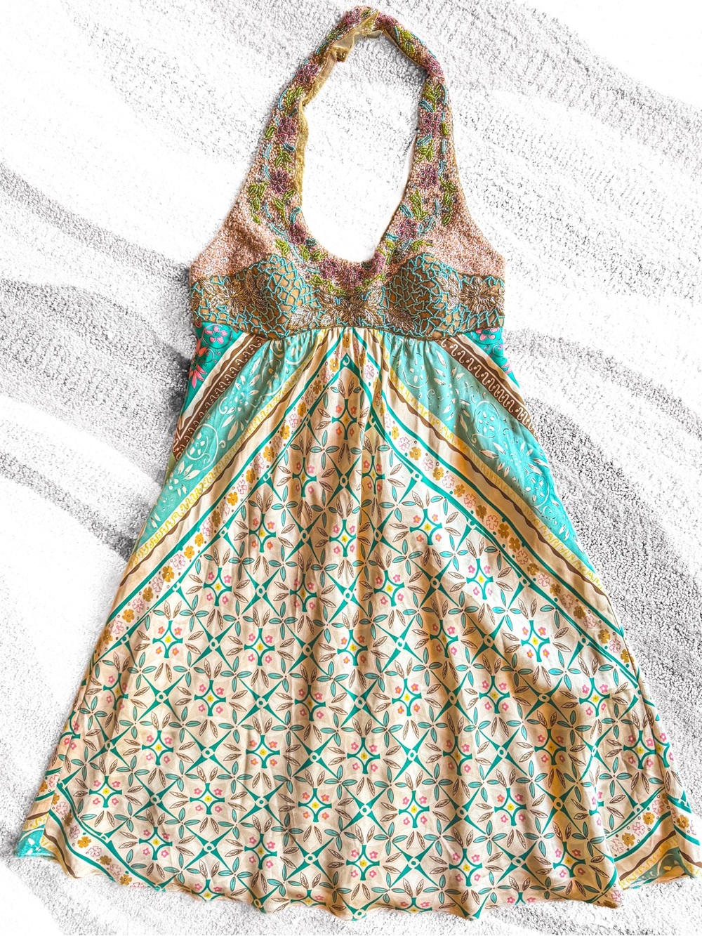 Nicole Miller Studio Y2K 100% Silk Hand Beaded Halter Midi Dress Sz 4 Whimsy EUC